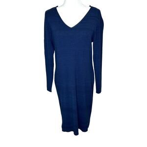 Suzy Shier Navy Blue V-Neck Ribbed Knit Long Sleeve Midi Sweater Dress